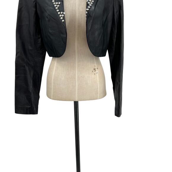 Cache Vintage Leather Jacket Cropped Studded Rhinestones Black Size Medium - Picture 5 of 11